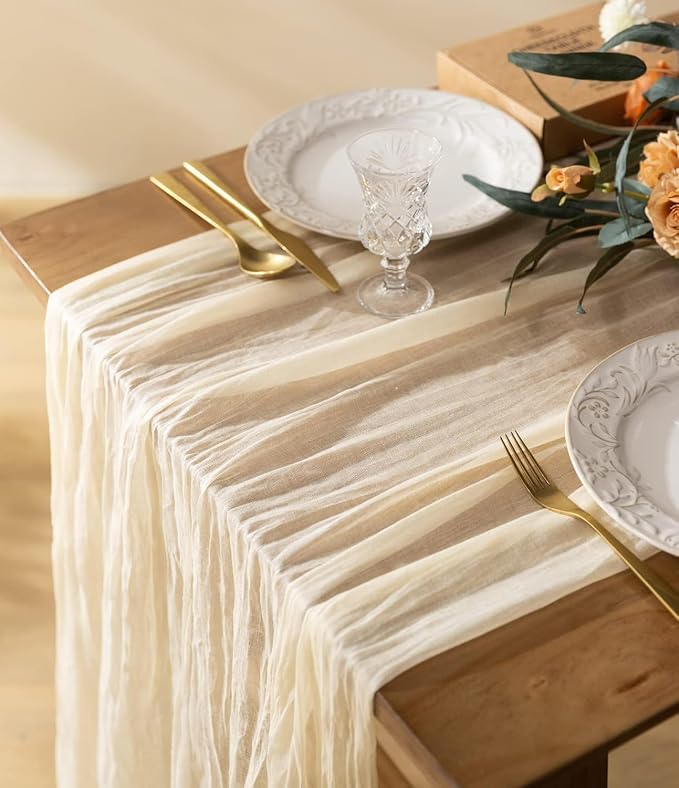 Vitalizart Cheesecloth Table Runner Ivory White 10ft Gauze Boho Rustic | 120 Inches Long Soft Durable Cheese Cloth Table Runner for Wedding Baby Shower Fall Thanskgiving Decoration