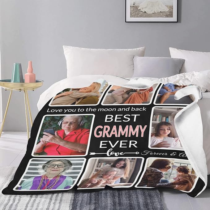 Gifts for Grammy Custom Blanket with Photo, Make a Personalized Family Blankets with Picture, Customized Memories Souvenir Throws for Best Grammy Ever, 8 Collage Made in USA