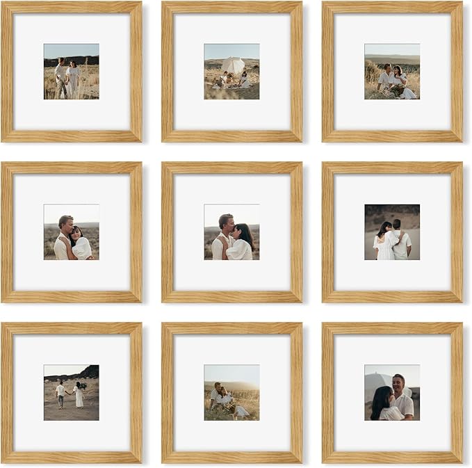 YESKAY 8x8 Picture Frame Set of 9, Photo Gallery Wall Frame Set, Display Pictures 4x4 with Mat or 8 x 8 Without Mat, Square Frame Picture Frames Collage Wall Decor, Natural Oak