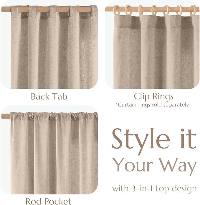 jinchan Linen Curtains Light Filtering Back Tab 100x84 Inch 1 Panel Taupe | Semi Sheer Curtains 84 inch length for Bedroom Living Room, Modern Farmhouse Drapes with Rod Pocket, Natural Boho Curtains