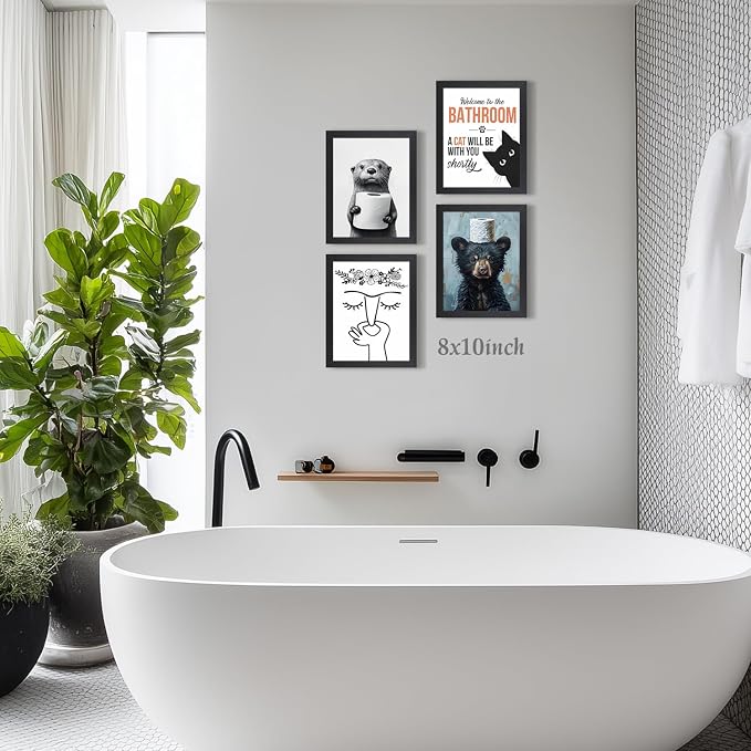 LLEEMPI Funny Pinching Nose Bathroom Wall Art, 8x10 Wood Framed Print | Black and white minimalist line art with playful bathroom humor for restroom, office or hallway; a unique housewarming gift.