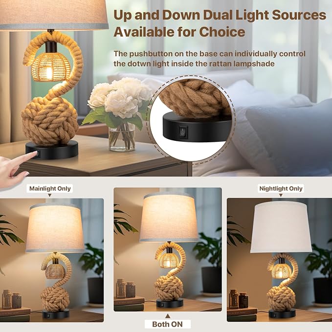 22" Rope Table Lamps for Night Stands, Dual-Lights Bedside Lamps Set of 2
