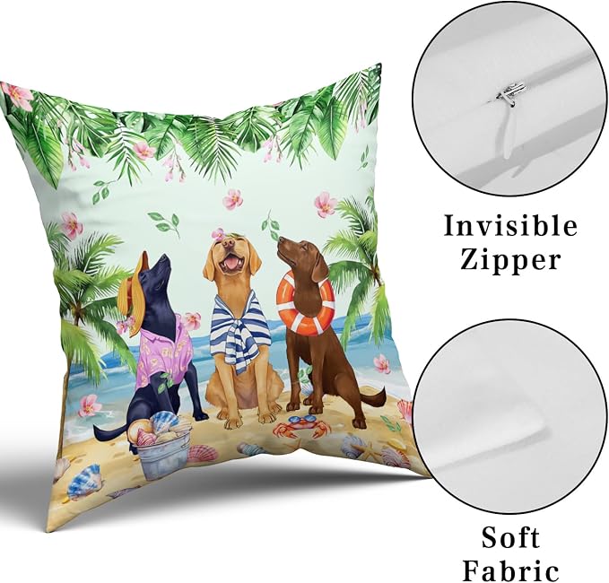 Giwawa Summer Dogs Pillow Covers Set of 2 20"x20" Funny Coastal Beach Puppy Square Pillowcases Tropical Palm Leaf Floral Soft Cotton Throw Cushion Covers for Sofa Couch Patio Living Room Decor