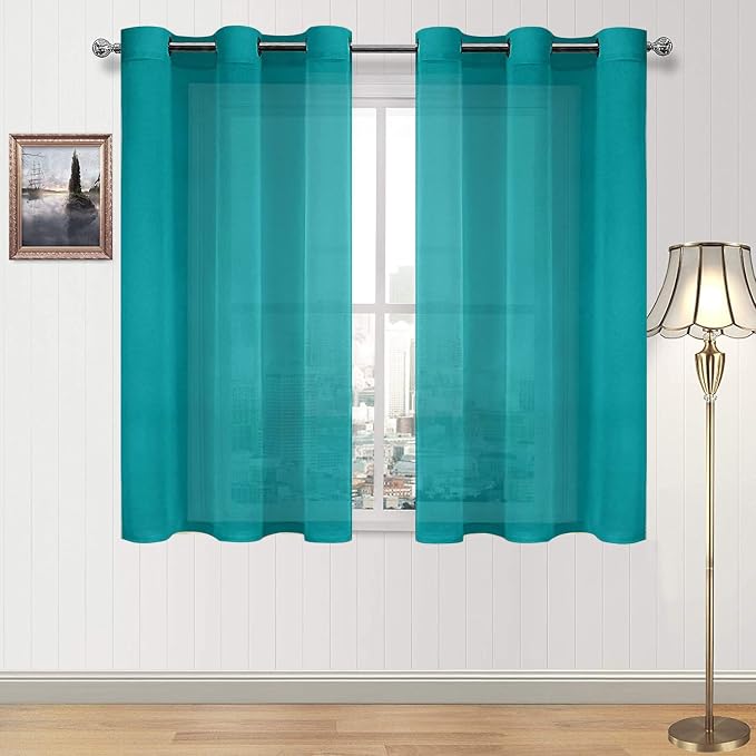 DWCN Turquoise Faux Linen Sheer Curtains - Grommet Top Voile Window Short Sheer Curtains Drapes for Bedroom Living Room 46 x 45 inch Length, Set of 2