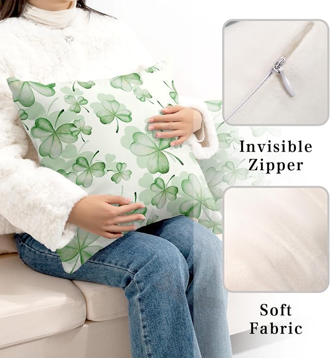 St Patricks Pillow Covers 16x16 Green Shamrock Flower Pillows Cases New Year Pillow Covers St Pattys Decorations Cotton Blend for Indoors Couch Bed Living Room in 2 Pcs