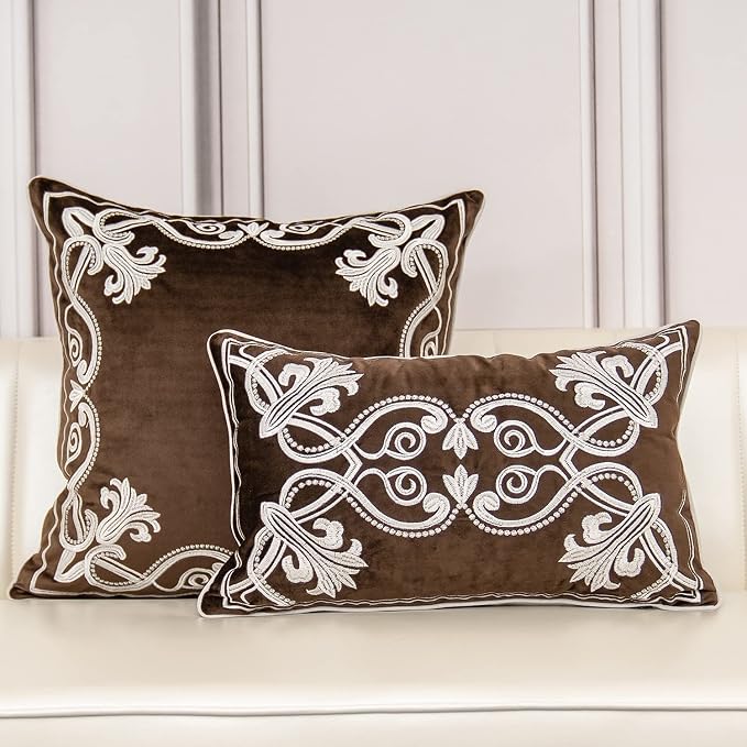 Aeckself European Floral Pillow Cover 20x20 Inch, Luxury Velvet Embroidered Decorative Throw Pillow Cover for Couch Bedroom Living Room, Brown and White