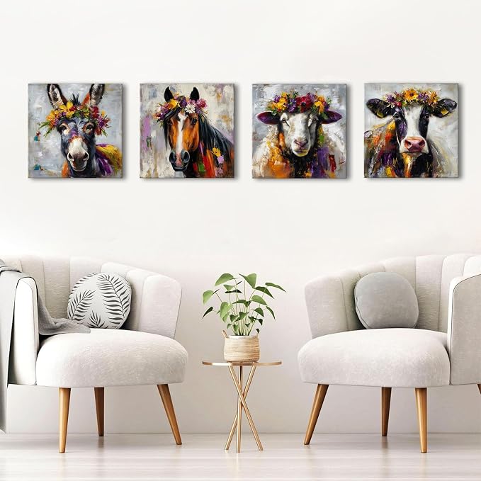 Abstract Animals Wall Art Colorful Cow Picture for Kitchen Rustic Farmhouse Horse Donkey Sheep Canvas Wall Decor Country Farm Animal Posters Modern Artwork Living Room Home Decoration 12x12” 4Pcs