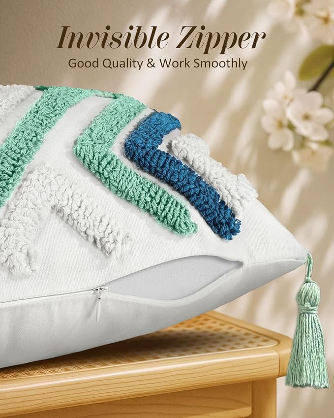Throw Pillow Covers 18x18 - Tufted Decorative Pillow Cover with Zipper for Couch Sofa Bed Living Room Aesthetic Tassels Textured Striped Farmhouse Indoor Pillowcases, Green Blue Rhomb
