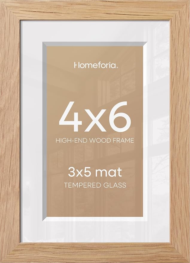 Homeforia 4x6 Natural Oak Picture Frame, High-End Wood, 3x5 Mat, Glass