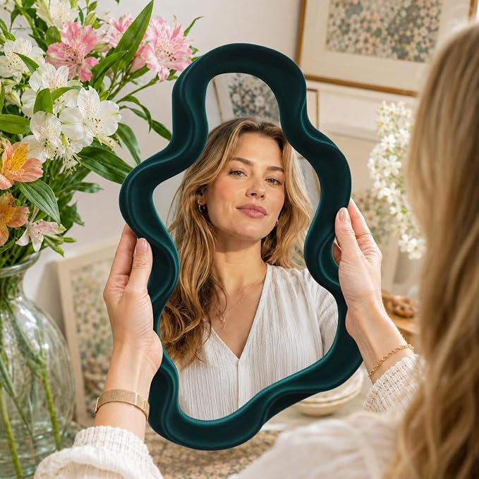 Emerald Green Wavy Wall Mirror Decor for Hallway Entryway, Irregular Cloud-Shaped Small Decorative Mirrors for Home Office Living Room, Modern Hanging Wall Art for Christmas Wedding Gift