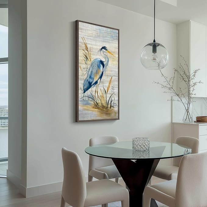 Framed Vertical Coastal Blue Heron Wall Art for Living Room, 20x40 Inch | Vintage, Farmhouse, Nature, Bird, Blue, Large, Office wall art, Kitchen wall decor, Foyer decor, Ready to hang, Wood frame