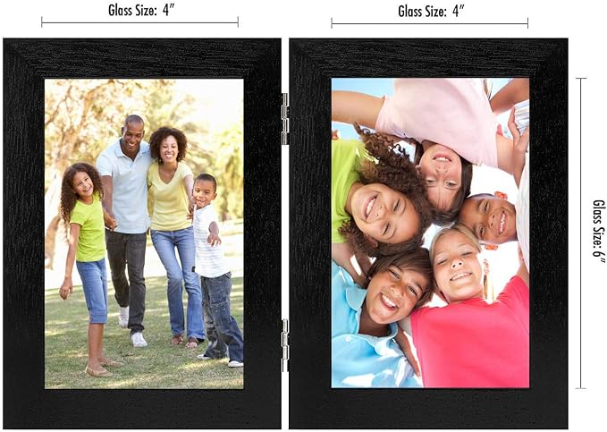 Americanflat Hinged 4x6 Picture Frame with Shatter-Resistant Glass - Double Picture Frames with Engineered Wood - Signature Collection - Photo Frame for Tabletop Display - Black