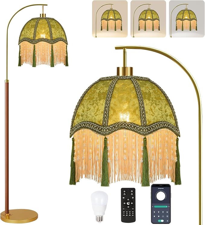 Wood Floor Lamps for Living Room Vintage Gold Floor Lamp with Remote Control & 3 Color Temperature,Dimmable Floor Lamp Mid Century Modern Standing Lamp Green Fringe Tall Floor Lamp for Bedroom Corner