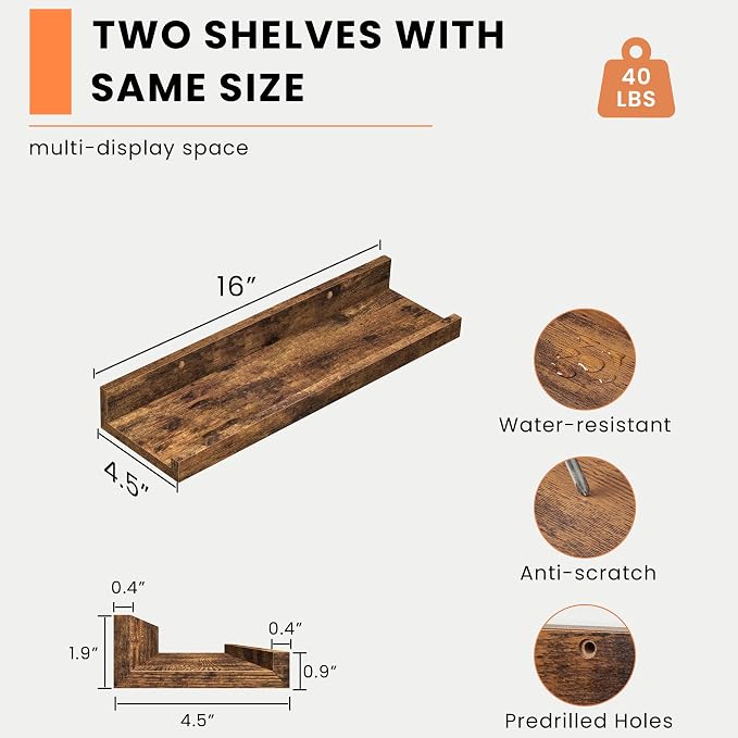 Heimlove Picture Ledge Shelf, Floating Shelves Set of 2, 15.75Inches Picture Shelf for Wall with Ledge, Kids Bookshelf Wall Mounted for Living Room Bedroom Decor Books Photo Frames - Rustic Brown