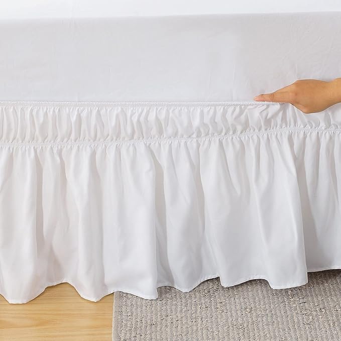 MEILA Wrap Around Elastic Bed Skirt for Twin & Full Beds, 16" Drop, White | Three-Side Adjustable Elastic Dust Ruffle, Ruffled Polyester Fabric, Easy to Install, Fade Resistant & Machine Washable