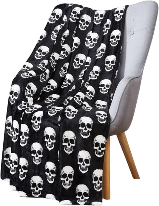Halloween Fleece Throw Blanket, White Skulls on Black background,50x70 in | Ultra-soft cozy flannel fleece,for sofa bed couch chair & dorms, spooky Halloween décor,durable and machine washable.