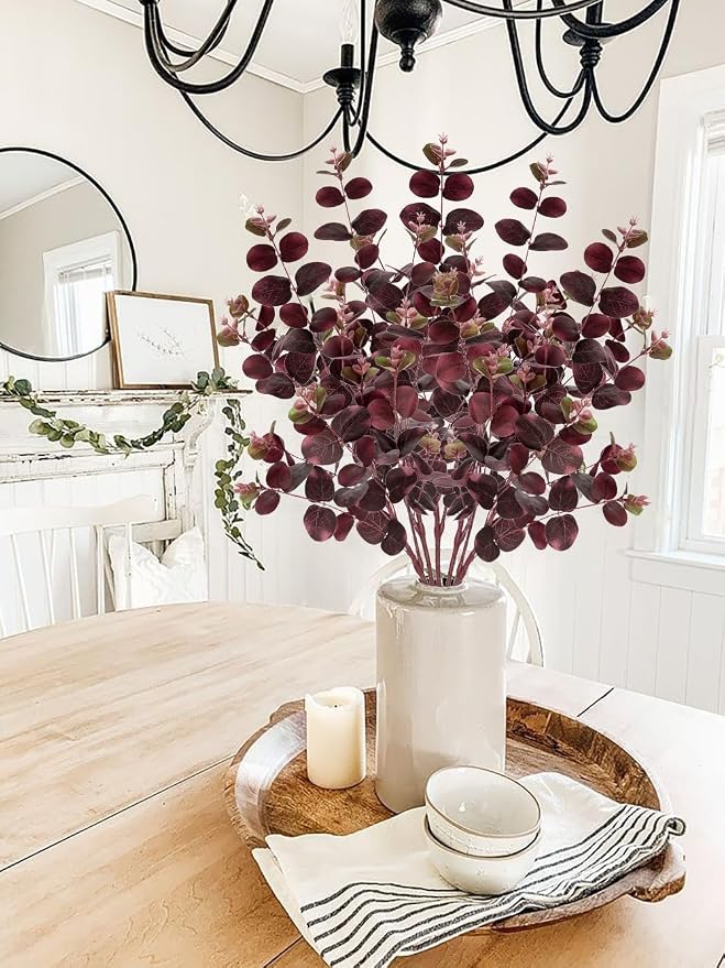 GnFlus 5 Pcs Artificial Fall Eucalyptus Stems Burgundy 30" Fake Silk Plants | Decor for Floral Arrangements, Fake Plant Farmhouse Decor, Home Wedding Decorations (Wine Red)