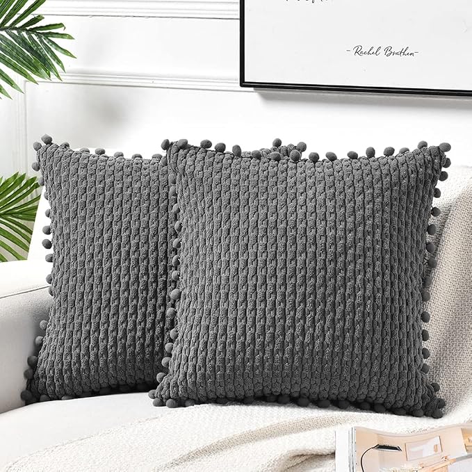 Fancy Homi Set of 2 Dark Gray Decorative Throw Pillow Covers 18x18 Inch with Pom-poms for Couch Bedroom Living Room, Modern Farmhouse Boho Home Decor, Soft Plush Corduroy Cute Cushion Case 45x45 cm
