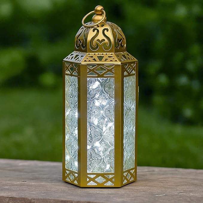 Vela Lanterns Decorative Indoor Fairy Light Ramadan Candle Holder, Gold, M | Eid Mubarak & Wedding Decorations, Turkish Moroccan Metal Hanging Lamp, Table Centerpieces, Outdoor Porch, 10.5" Tall