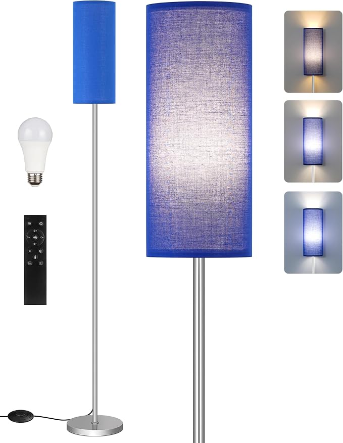 Dimmable Floor Lamps for Living Room with Remote and Foot Switch, 64.4” Modern Standing Tall Lamp, Corner Lamp for Bedroom, Office, Bulb Included, 3000K-6500K, Blue and Silver, FCC Listed SU06LD05W1