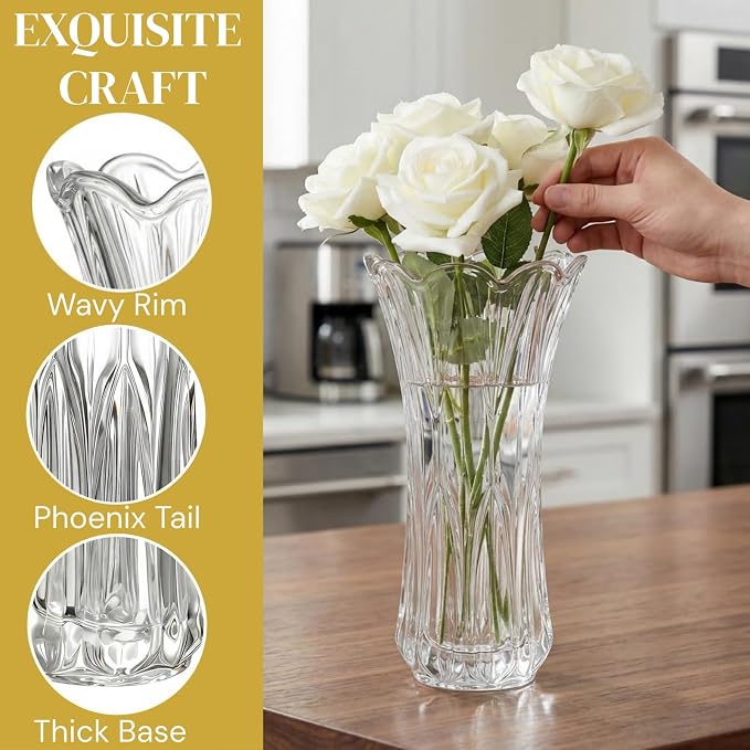 Pumtus 2 Pack Glass Flower Vases, 9.5 Inch Thickened Clear Phoenix Tail Vase, Decorative Modern Plant Vase for Centerpieces, Home Decor, Wedding, Party, Office