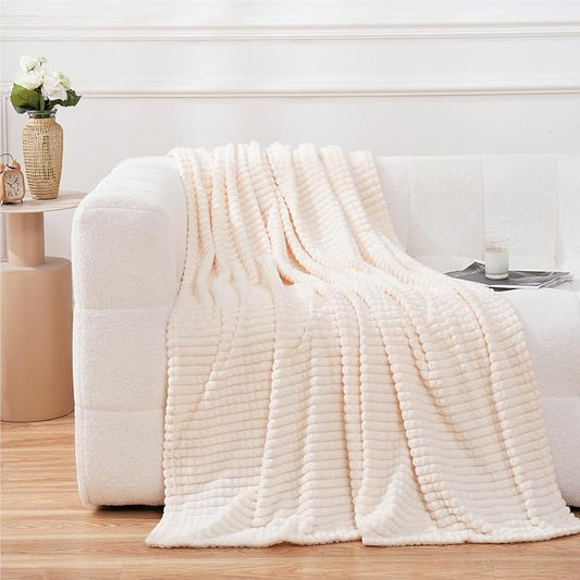 Puncuntex Fleece Throw Blanket Cream White 50"×60" with Square Grid Design | Super Soft Plush Cozy Flannel Throw Blanket Luxury for Couch Sofa Chair