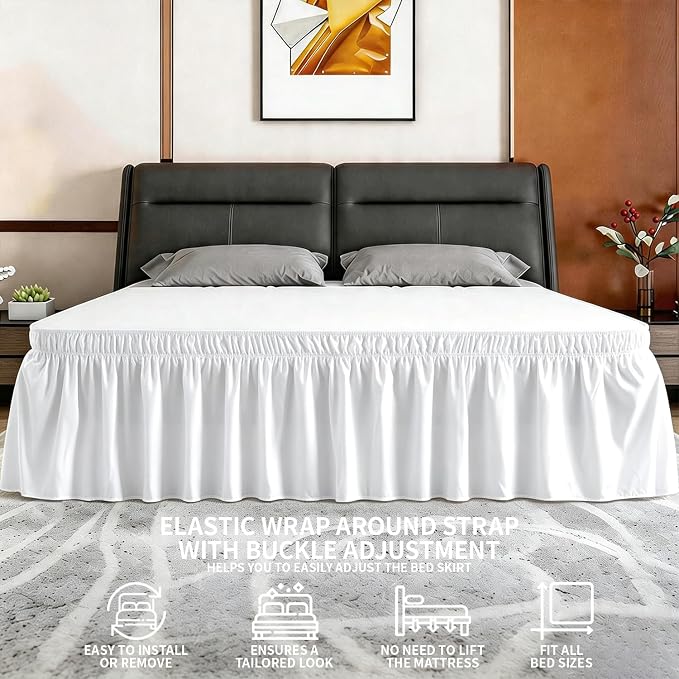ANARACHON King Bed Skirt, Elastic Wrap Around Bed Skirt King Size, Bed Skirts for Adjustable Bed, Easy Fit with 18" Drop Length Tailored Drop Dust Ruffle (White)