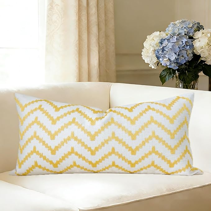 Slow Cow Linen Embroidery Rectangular Pillow Cover Pillowcase Decorative Lumbar Throw Pillow Cover for Couch Sofa 12 x 24 Inches Yellow Gold