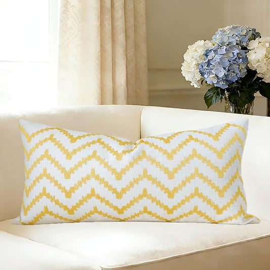 Slow Cow Linen Embroidery Rectangular Pillow Cover Pillowcase Decorative Lumbar Throw Pillow Cover for Couch Sofa 12 x 24 Inches Yellow Gold