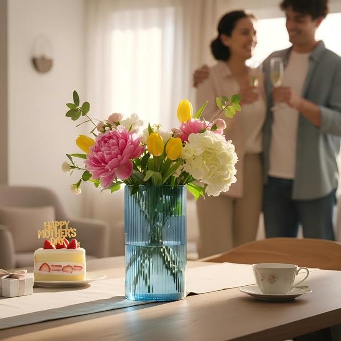 Glass Cylinder Vase 6 Inch Tall- Blue Ribbed Decor for Wedding Centerpieces | Decorative Flower Vase, Hurricane Floating Candle Holder, Christmas Decor, Reception Table, Home Accent, Housewarming Gift