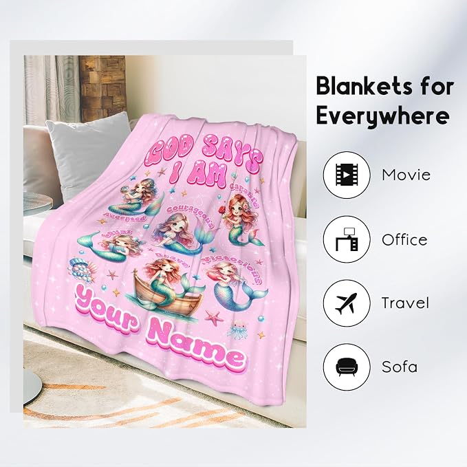 Personalized Mermaid Blanket for Girls, Custom Name Gift, God Says I Am Blanket, Cute Fleece Fuzzy Throw, 30"x40"