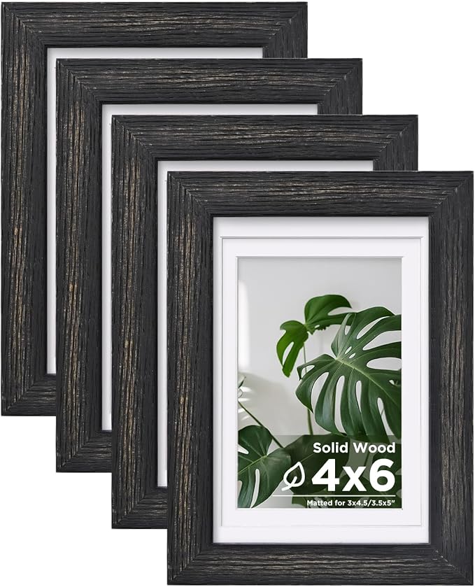 Egofine 4x6 Picture Frames Set of 4, Made of Solid Wood Covered by Plexiglass 3x4.5 and 3.5x5 with Mat or 4x6 without Mat, for Table Top Display and Wall Mounting Photo Frame, Driftwood Black