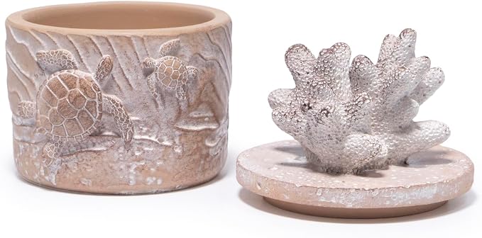 Hodao Ocean Crafts Sea Turtle & Octopus Resin Jewelry Box with Coral Lid - Handmade Organizer for Rings Earrings Necklaces, Blue/White, Ocean-Themed Storage Case Decor Gifts For Women (White-Turtle)