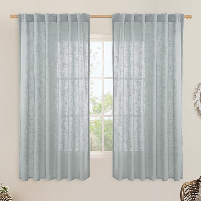 Faux Linen Curtains 63 inches Long for Bedroom, 52 x 63 Inch | Light Filtering, Neutral Semi Sheer Curtains, Small Window, Farmhouse, Rod Pocket Back Tab, 2 Panels, Greyish Blue