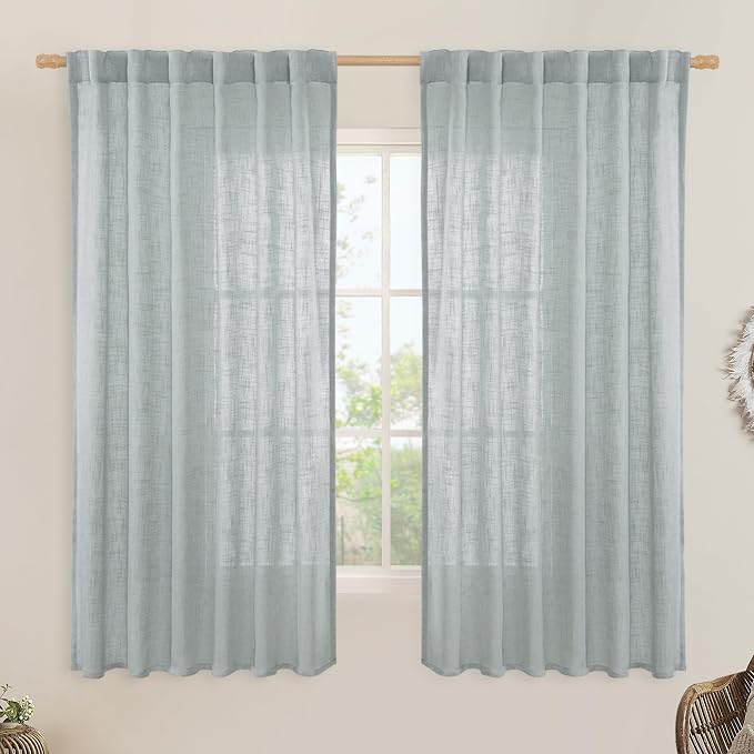 Greyish Blue Semi Sheer Linen Curtains 60 Inch, 2 Panels | Light Filtering Neutral Window Panels, Farmhouse Boho, Curtains for Living Room, Rod Pocket Back Tab, 52 x 60 Inch