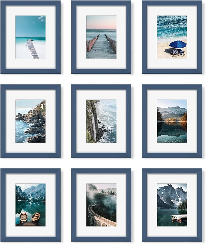 YESKAY 8x10 Picture Frame Set of 9, Display Pictures 5x7 with Mat or 8 x 10 Without Mat, Multi Photo Frames for Wall Mounting or Table Top Display, Blue