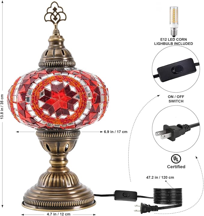 Turkish Mosaic Desk Lamp with Bulb – Orange Red Tiffany-Style Glass, Vintage Bohemian Bedside & Salon Decorative Light with E12 Socket & US Plug