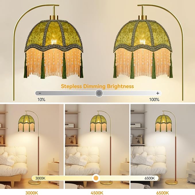 Wood Floor Lamps for Living Room Vintage Gold Floor Lamp with Remote Control & 3 Color Temperature,Dimmable Floor Lamp Mid Century Modern Standing Lamp Green Fringe Tall Floor Lamp for Bedroom Corner