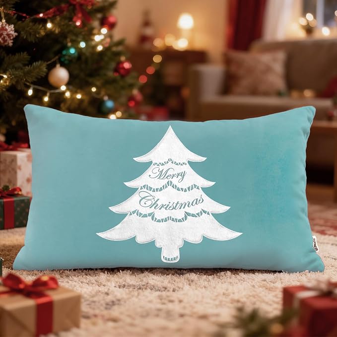 BRAWARM Christmas Pillow Cover 12 X 20 Inches, Teal Christmas Tree Embroidered Lumbar Pillow Cover, Soft Velvet Decorative Throw Pillow for Couch Bed Sofa Living Room Home