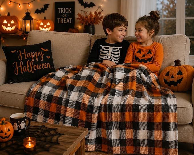 Serafina Home Fall Plaid Blanket Throw: Orange Black White Farmhouse Tartan Print on Velvet Fleece, 50" x 70" for Sofa Couch Bed Outdoor Events