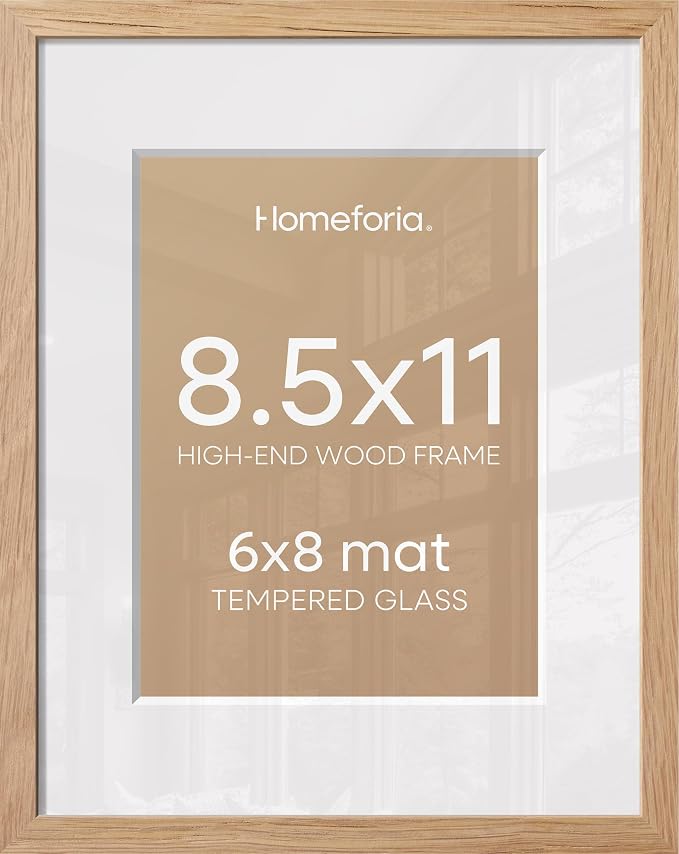 Homeforia 8.5x11 Natural Oak Picture Frame, High-End Wood, 6x8 Mat, Glass