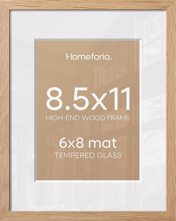 Homeforia 8.5x11 Natural Oak Picture Frame, High-End Wood, 6x8 Mat, Glass