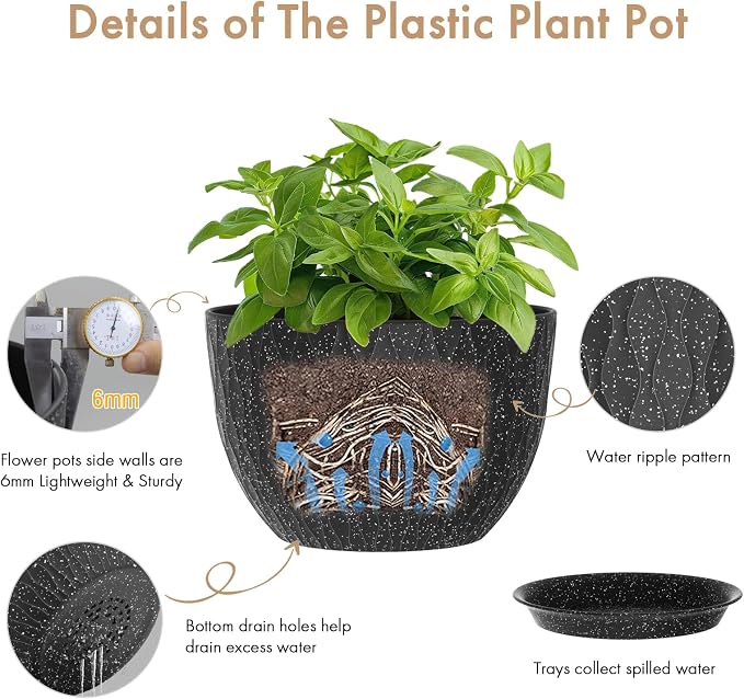 WSMKSZ 12 Inch Wide Water Ripples Flower Pots for Indoor or Outdoor Plants, Large Plant Pots with Drainage Holes & Saucer, Plastic Planters Set for Garden & Home Decor (Black with White Speckles)