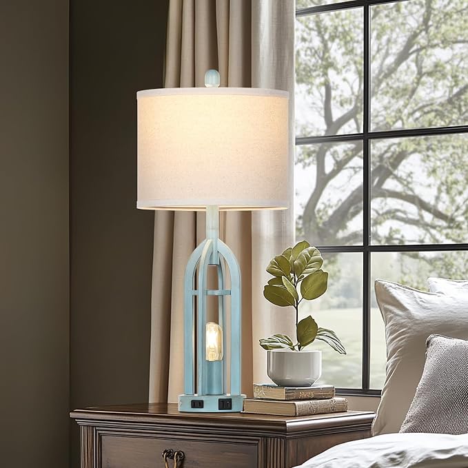Cinyirong 27" Industrial Farmhouse Table Lamp,Vintage Rustic Blue Beside Lamp with USB A+C Charging Ports & AC Outlet, Metal Nightstand Lamp with LED Night Light for Bedrooms (2 LED Bulbs Included)