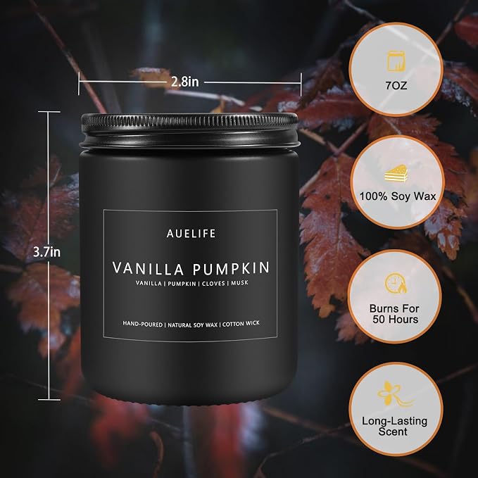 Fall Candle, Vanilla Pumpkin Scented for Home, Soy Wax | Autumn aromatherapy candle; 50-Hour Burn; Fall home decor; Holiday gift for women men
