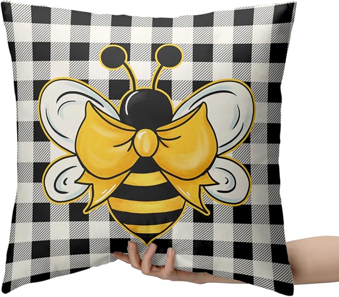 Cute Honey Bee Throw Pillows Case 24x24 Pack of 2 Buffalo Plaid Pillow Cover Spring Summer Pillows for Couch Cotton Blend Soft Touch Home Decor for Living Room Sofa