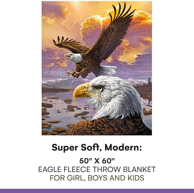 Dawhud Direct Eagle Fleece Throw Blanket, 50" x 60", Flying Eagle Print, Super Soft Plush, Unisex, Iii Eagle Clouds Color