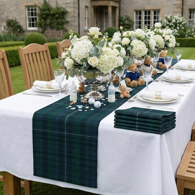Gilprop 6 Pcs 72 x 13'' Tartan Plaid Table Runner Blue and Green | Vintage Bear Babyshower Birthday Party Dining Decor, Checkered Cloth for Home Kitchen Farmhouse, Reusable Fabric Sets