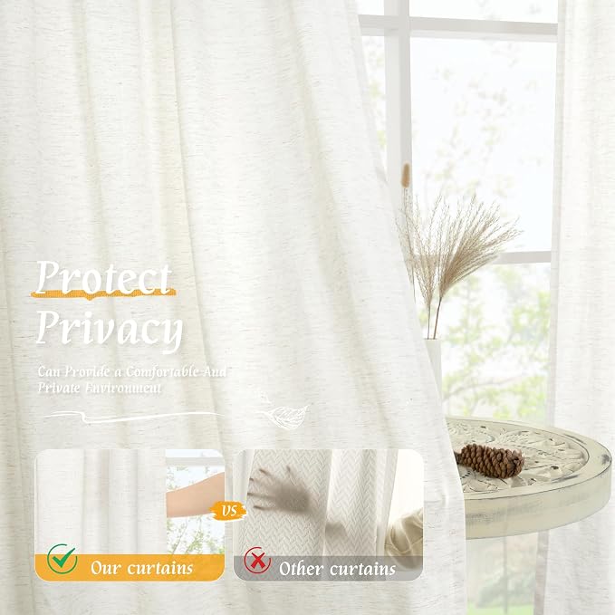 Natural Linen 63 Inch Length Curtains for Living Room, 2 Panels | Light Filtering, Semi Sheer, Linen Textured, Privacy Protected, Curtains for Bedroom, Farmhouse, Rod Pocket, 52 x 63 Inch