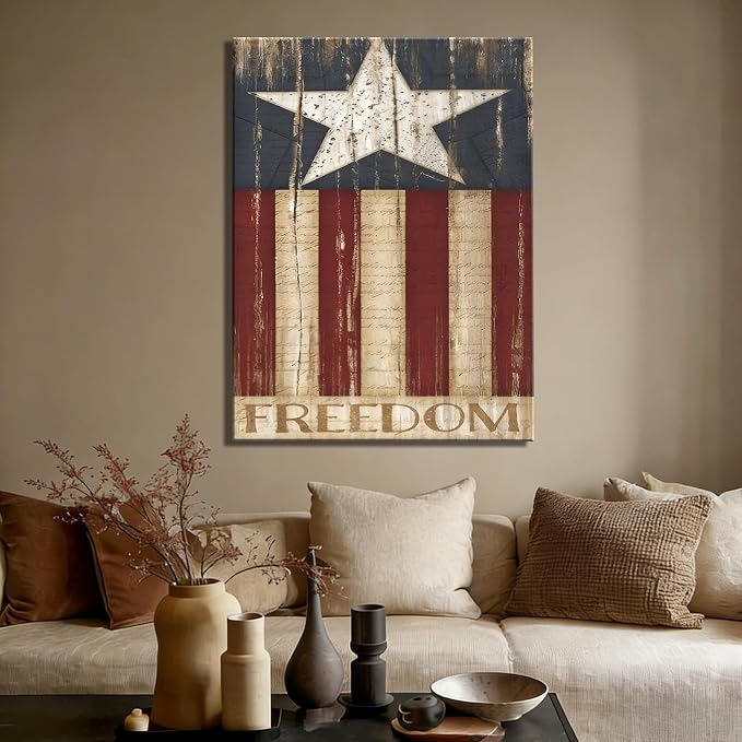 Rustic Patriotic Freedom Flag Canvas Art 24x36in, Vintage American Flag Wall Decor, 4th of July Independence Day Framed Prints, Artwork for Home, Kitchen & Office, Made in USA